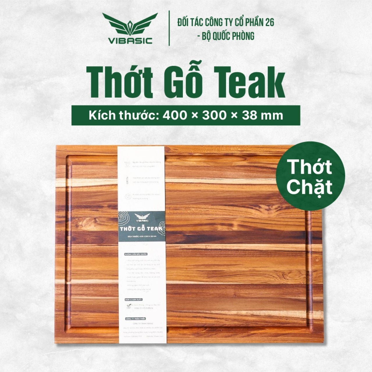Thớt gỗ Teak Vibasic có khay đựng đồ, kích thước 40x30x3.8cm thái chặt băm đa năng - Hàng chính hãng Bộ Quốc Phòng sản xuất