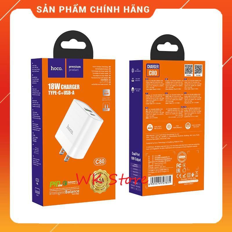 Củ sạc nhanh Hoco C80 18w (QC 3.0, PD) 2 cổng sạc cho iphone và android - Hàng chính hãng