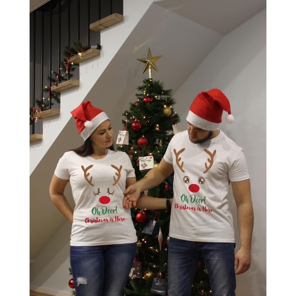 Bộ đôi áo thun in hình giáng sinh cổ tròn from rộng cá tính- Quà tặng Noel