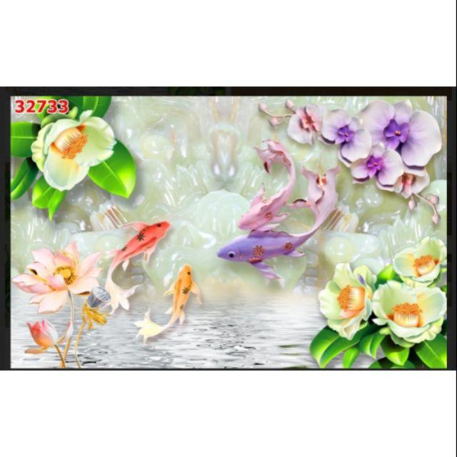 Tranh dán tường 3D hồ cá koi