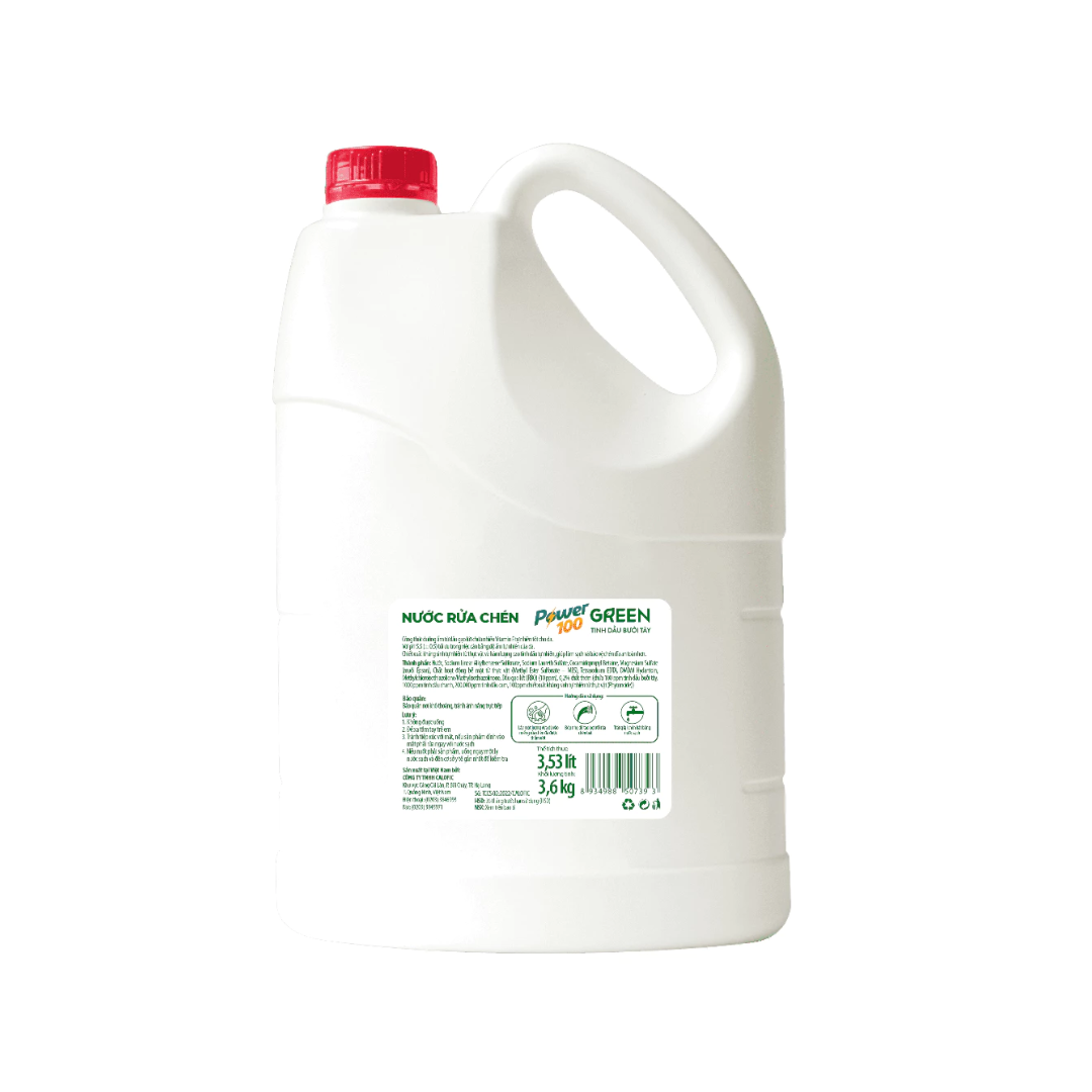 Can Nước Rửa Chén POWER100 Green Tinh Dầu Bưởi Tây 3.6KG