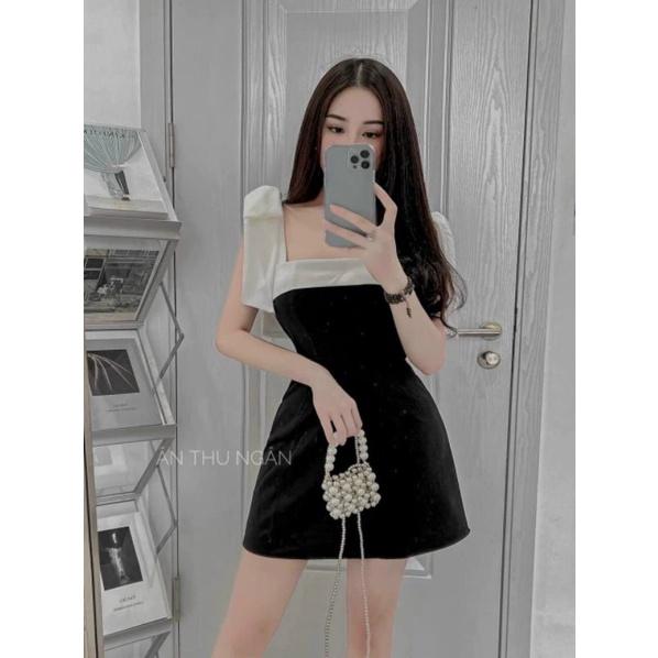 ĐẦM 2 DÂY THẮT NƠ PHỐI MÀU ĐEN TRẮNG