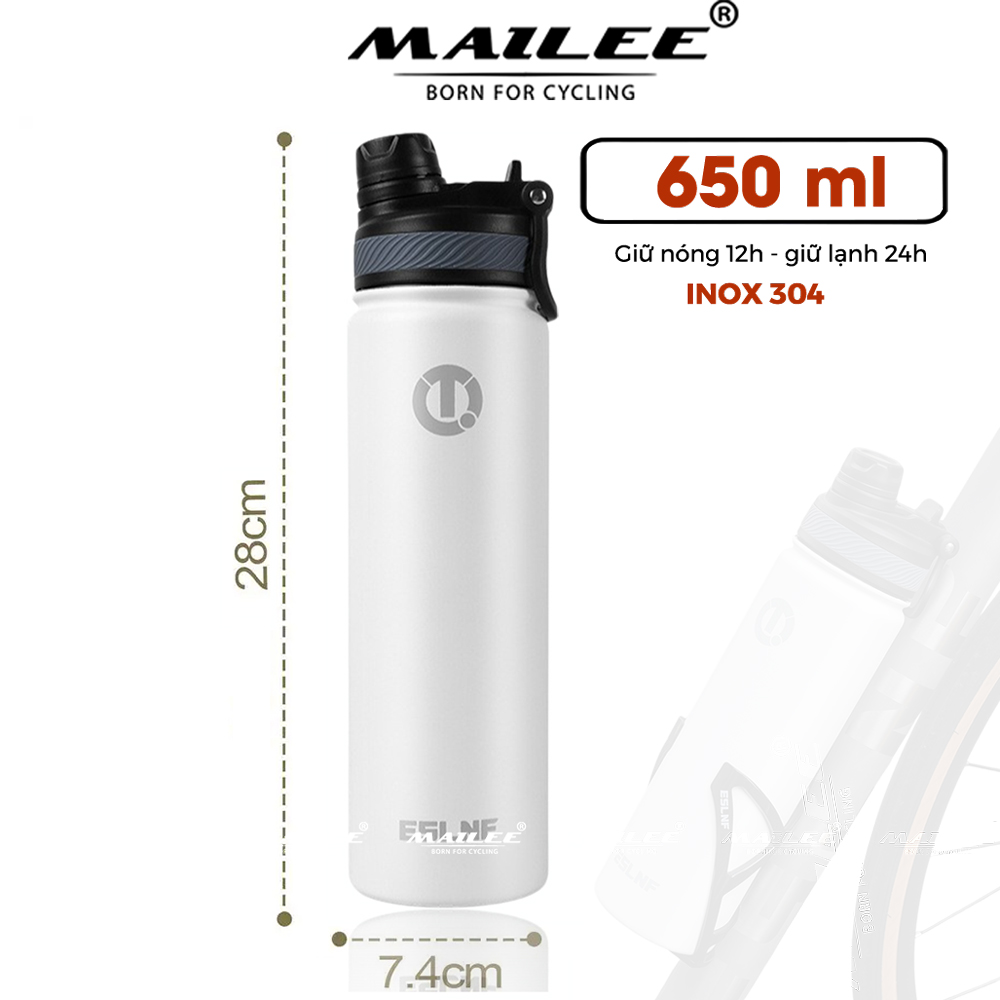 Bình Nước Xe Đạp Inox 304 Giữ Nhiệt ESL-053 dung tích 650ml màu Trắng/Đen giữ nhiệt 12h Nóng 24h Lạnh Thể thao cắm trại leo núi đi xe đạp - Mai Lee