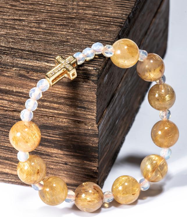 Vòng chuỗi mân côi thạch anh tóc vàng 10mm mix xà cừ trắng YRQ02 - Vietgemstones