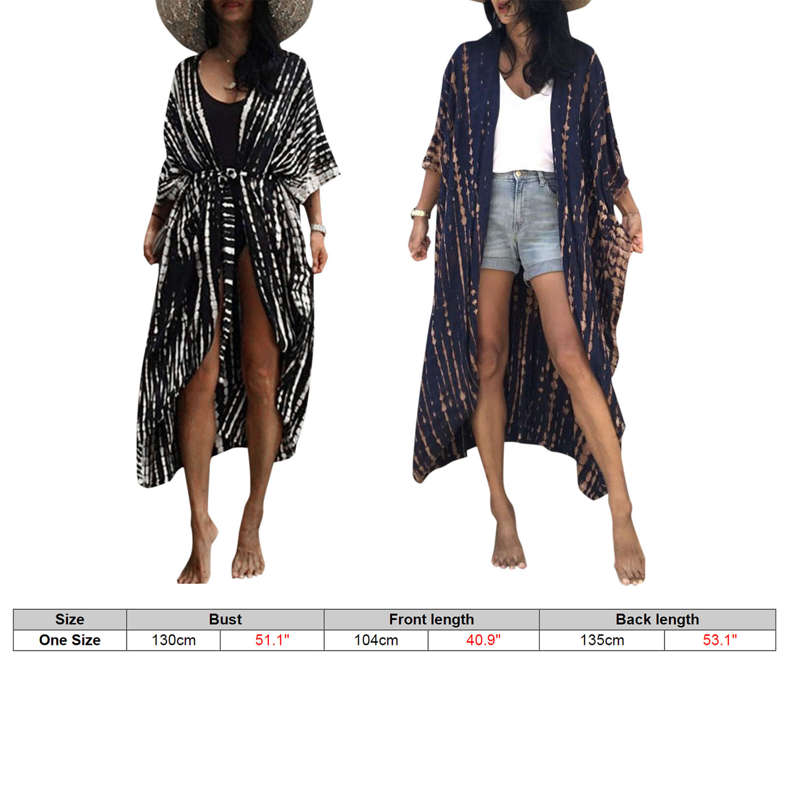 Women Bikini Cover Tie Dyed Striped Self Belted Kimono Cardigan Dress Loose Beach Swimsuit Cover Up