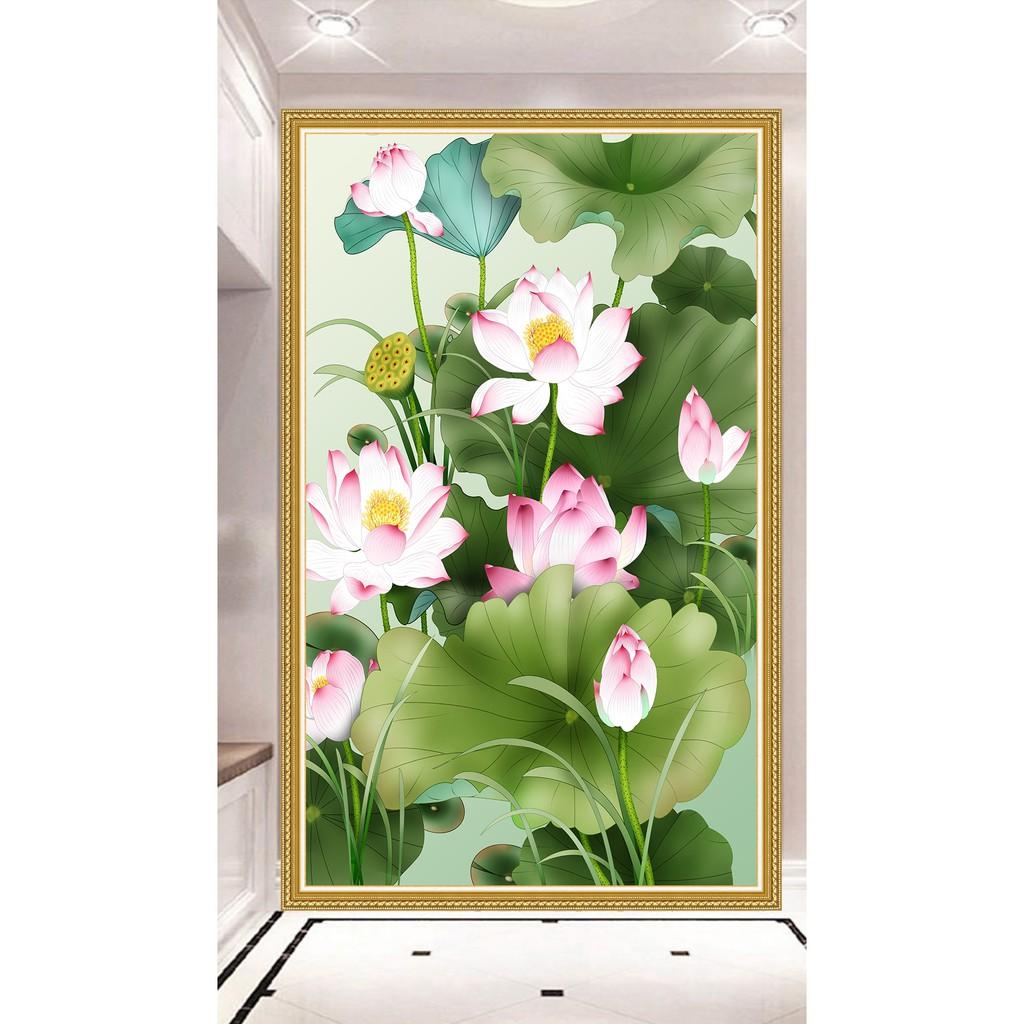 Tranh dán tường HD Hoa sen HDOC230-tc6 kim sa khổ dọc chọn mẫu