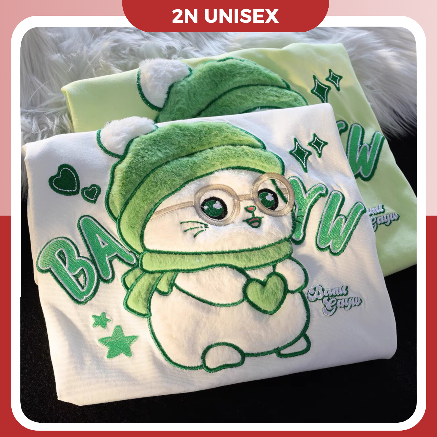Áo phông nam nữ form rộng 2N Unisex thun cotton in hình chú mèo thêu lông màu trắng/xanh
