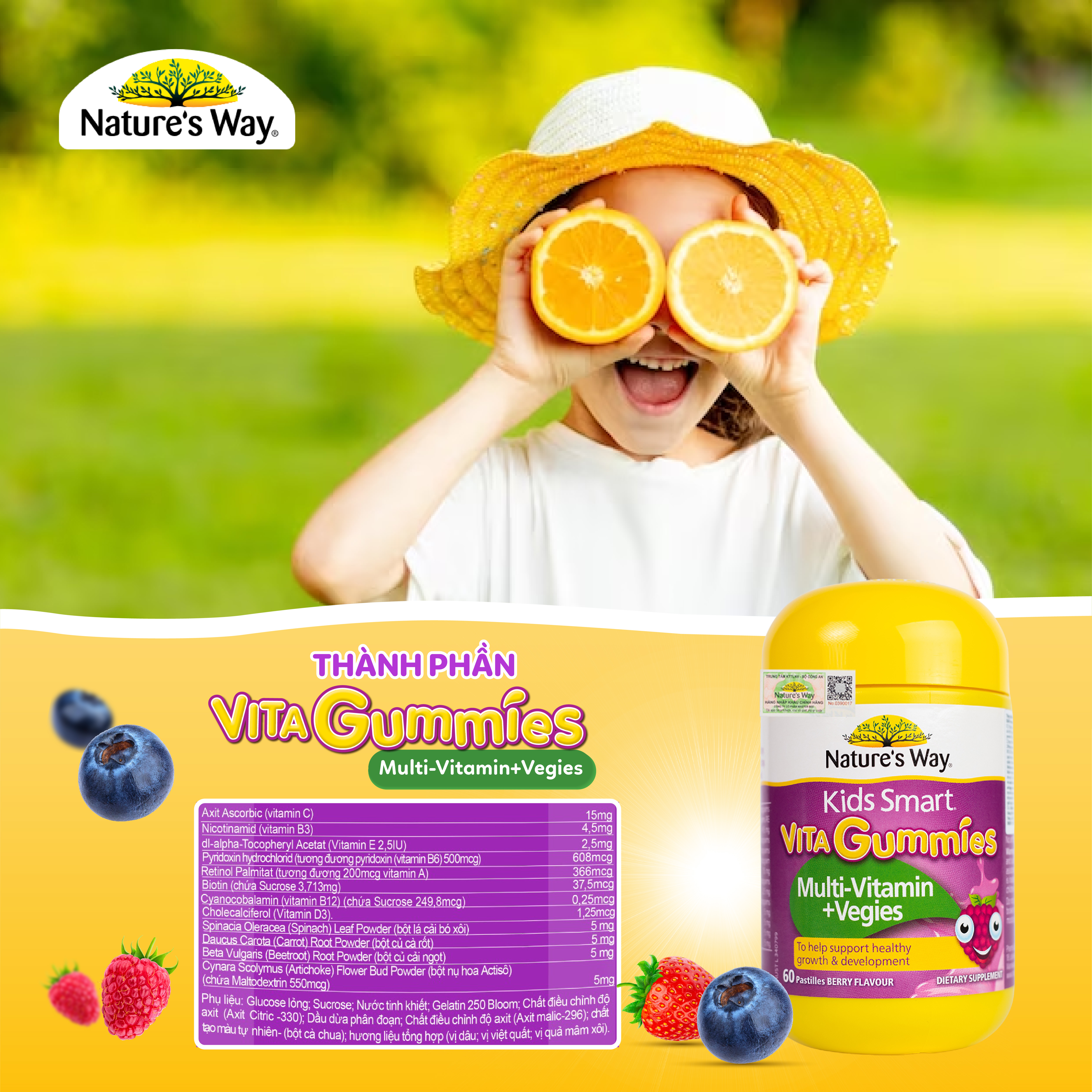 Kẹo Dẻo Vi Chất Vitamin Cho Bé Nature's Way Vita Gummies MultiVitamin+Vegies Bổ Sung Vitamin Và Chất Xơ Cho Bé Hộp 60v