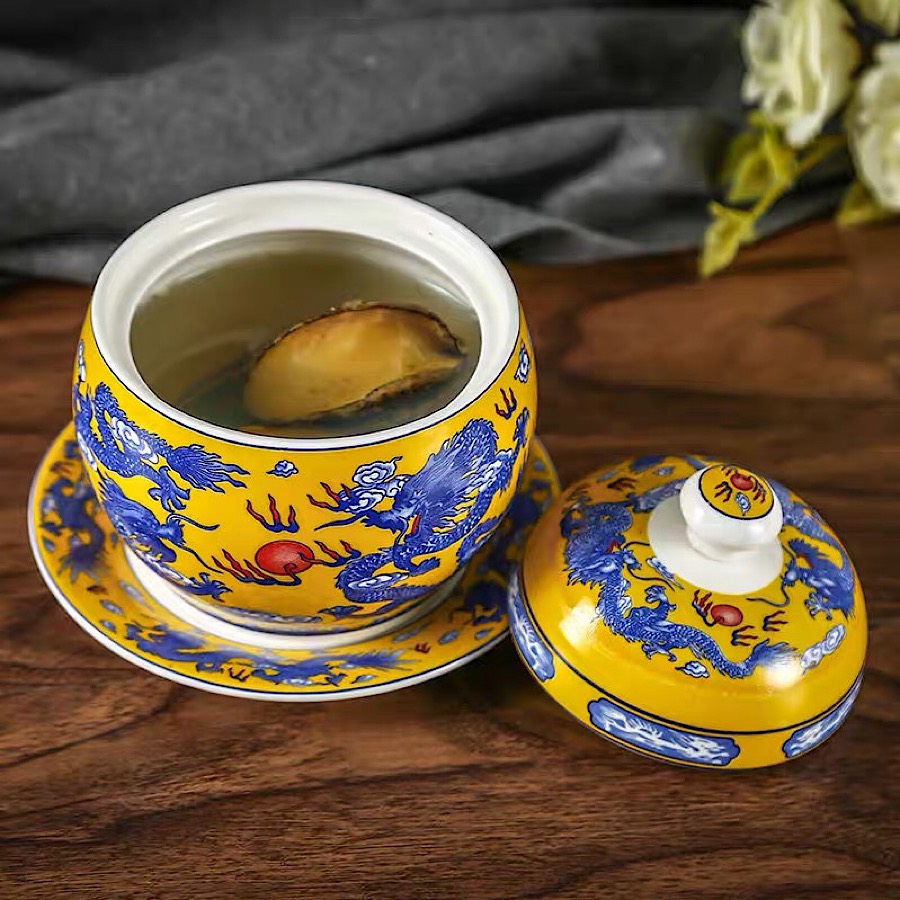 CHÉN ĂN YẾN , BÁT TIỀM SÂM 4 MÓN TỨ QUÝ RỒNG VÀNG - KIM LONG GỐM SỨ