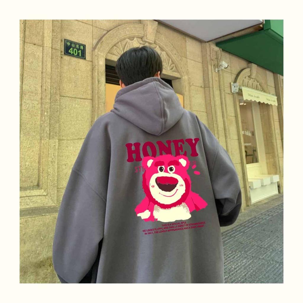 ÁO KHOÁC NỈ BÔNG NỮ ÉP HÌNH GẤU DÂU HỒNG HONEY ĐƠN GIẢN TRẺ TRUNG -ÁO HOODIE TRÒNG ĐẦU ĐÁNG YÊU XINH XẮN GẤU HONEY