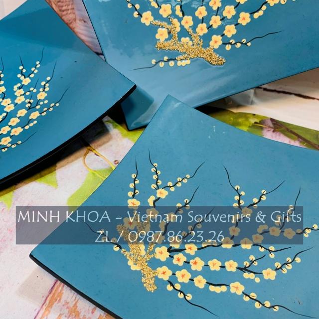 Set 3 Đĩa Vuông Cong Sơn Mài Hoa Đào Cẩn Trứng - Cherry Blossom Lacquer Tray