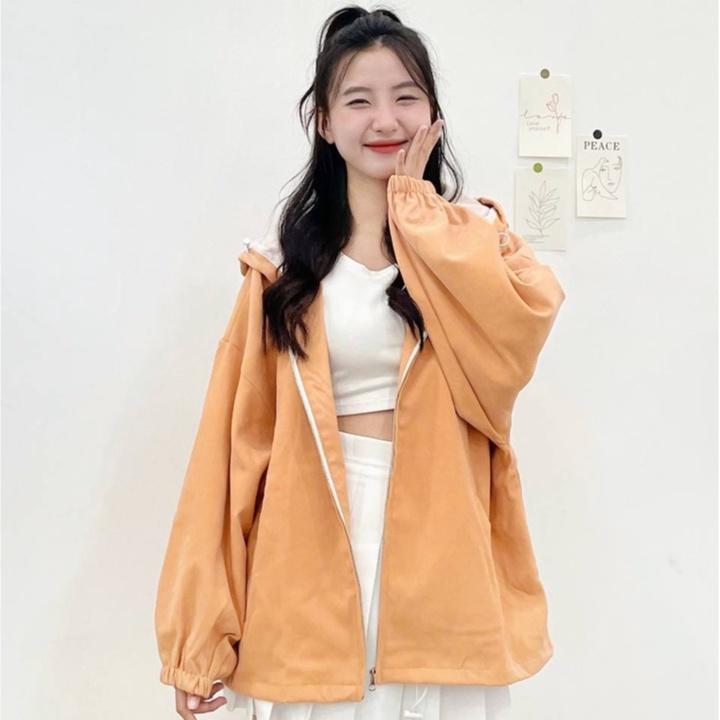 Áo khoác nữ Fmstyle form rộng chống nắng 2 lớp có mũ chất nhung kaki phong cách ulzzang thời trang Hàn Quốc 206240053