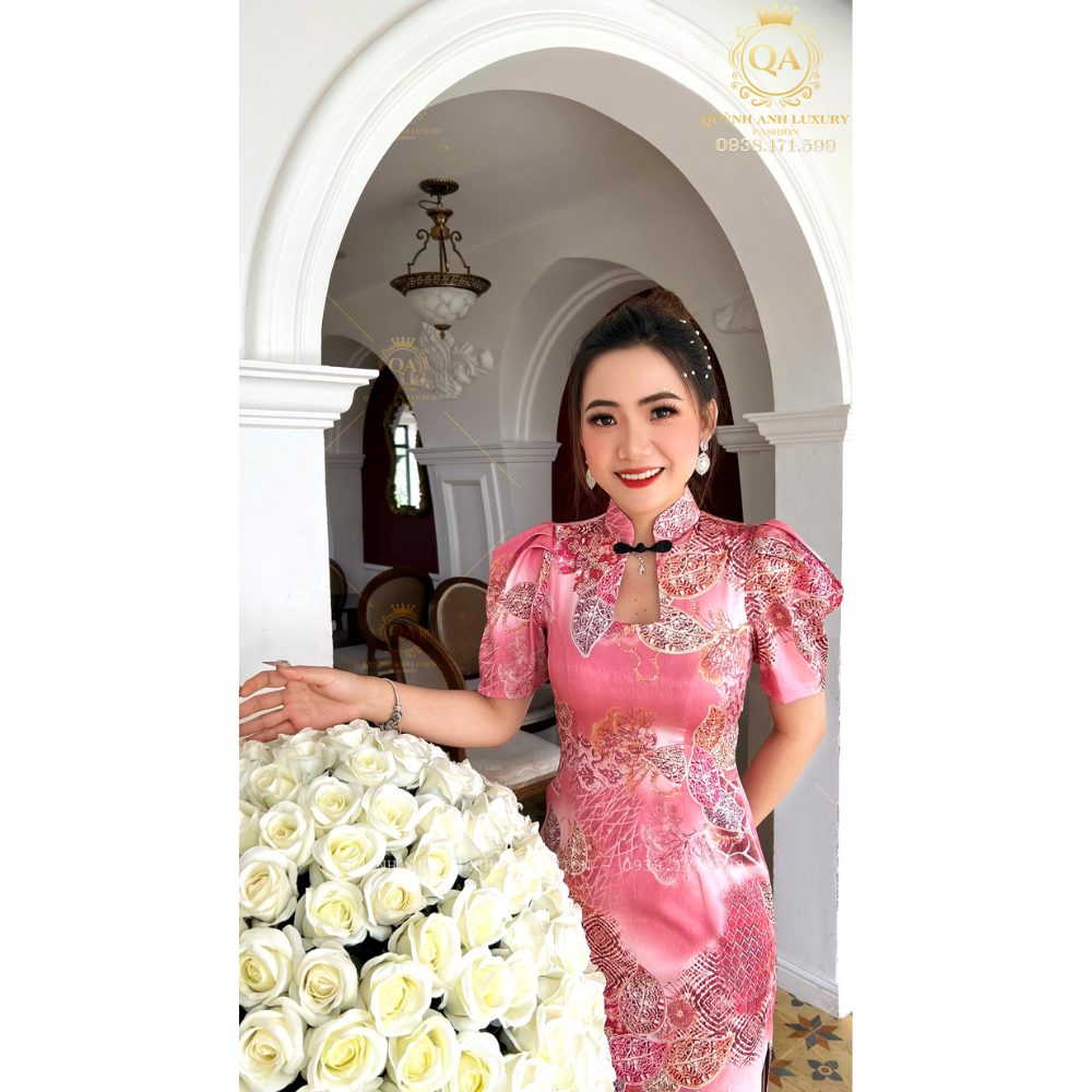 Sườn Xám Cổ Tàu Trung Hoa Lụa Ánh Kim Tone Hồng Sang Trọng Mia Dress