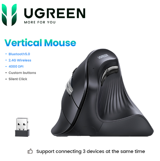 Chuột công thái học Ugreen 25444 MU008, Bluetooth 5.0 + USB Receiver 2.4GHz, DPI 1000/1600/2000/4000 - Hàng chính hãng