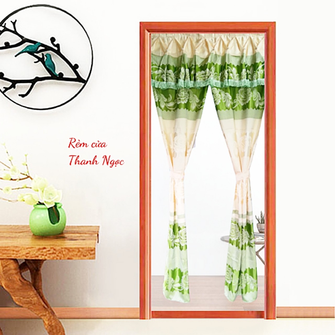 Rèm Cửa Thanh Ngọc Ngang Từ 1m Đến 1,35m x Cao 2m Vải Gấm Thêu Hoa Văn Xẻ Giữa Màu Xanh Ngọc