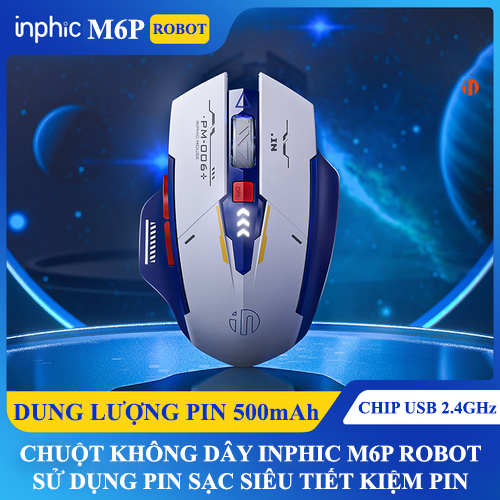 Chuột không dây INPHIC M6P ROBOT kết nối bằng chip USB 2.4GHz thiết kế cực ngầu có đèn led báo hiệu dung lượng pin - Hàng Chính Hãng