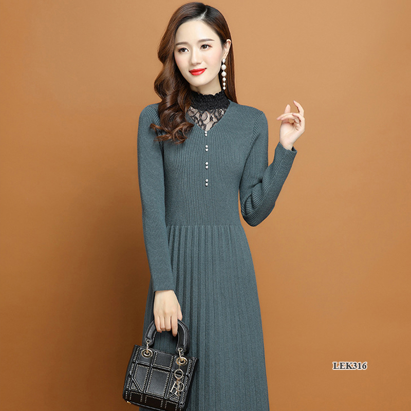 Váy len nữ phối ren thanh lịch sang trọng