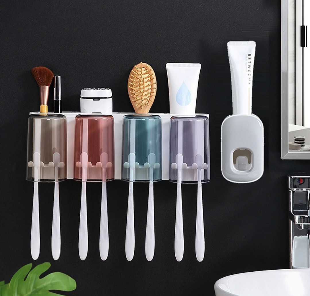 Bộ dụng cụ nhả kem đánh răng tự động 4 cốc và giá treo bàn chải đa năng PHT SUS-ECOOO-E1922-chất liệu ABS cao cấp