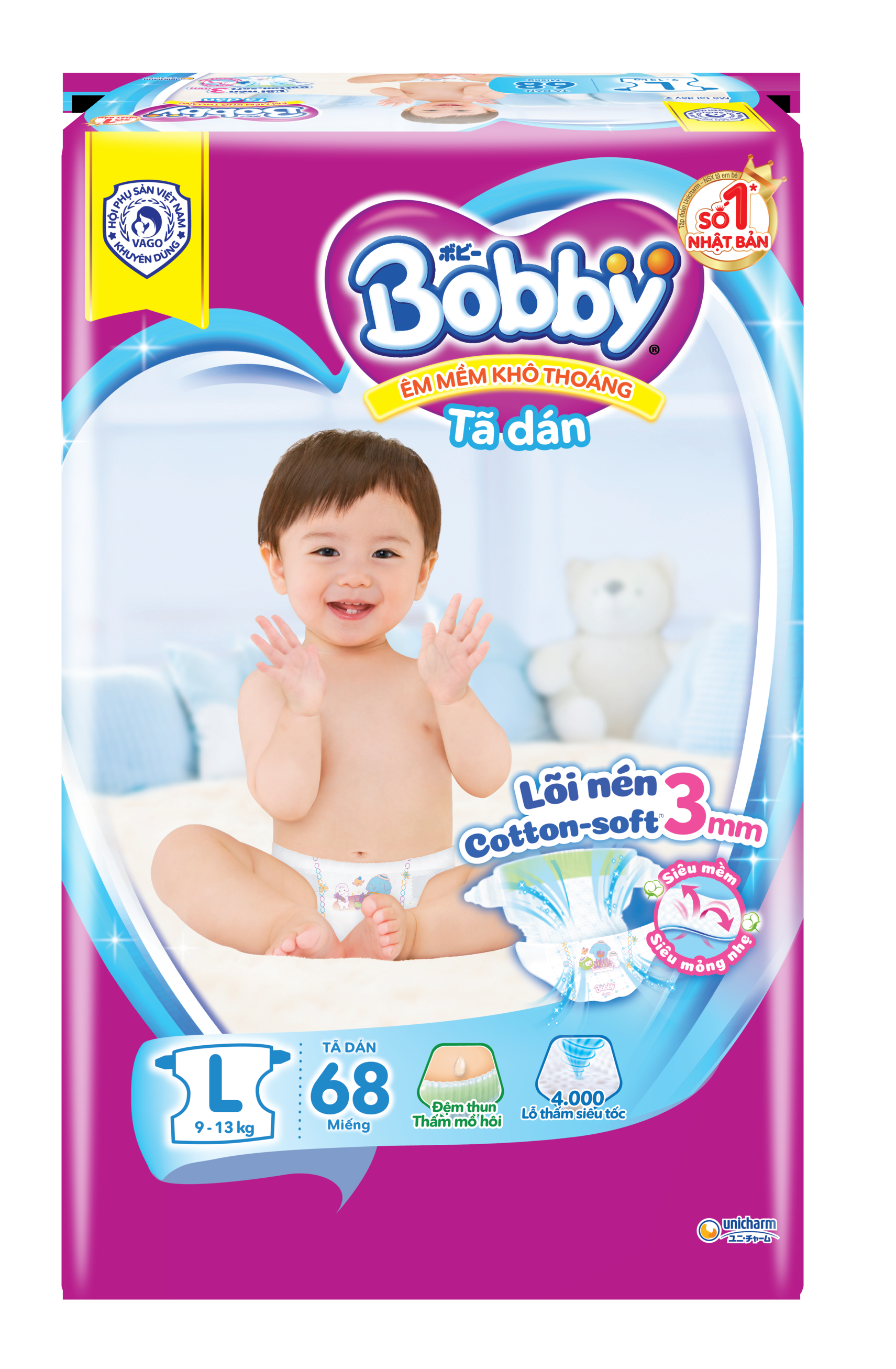 Tã Dán Bobby Siêu Mỏng Thấm Gói Siêu Lớn L68 (68 Miếng)