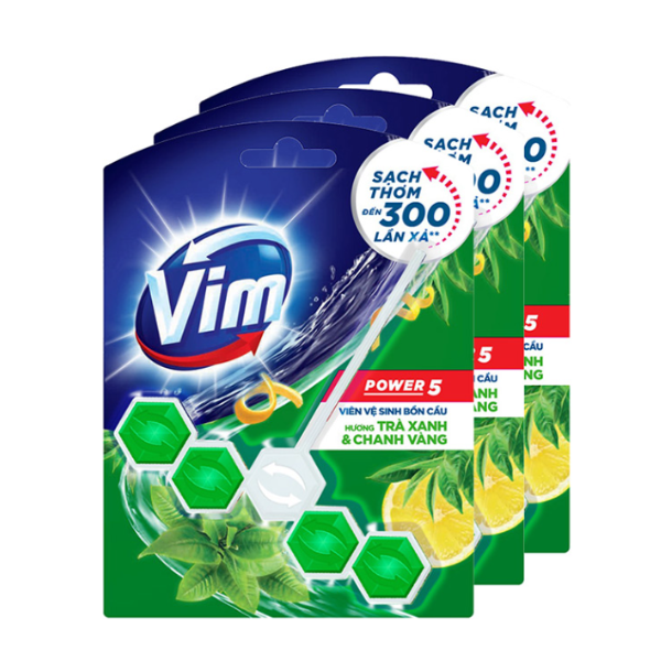 Combo 3 Viên Tẩy Bồn Cầu VIM Power 5 Hương Trà Xanh Chanh Vàng 55G