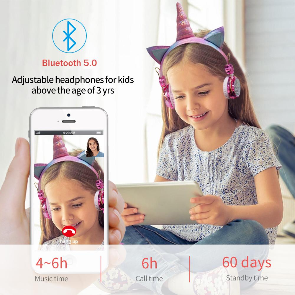 Qearfun Không Dây Bluetooth 5.0 Trẻ Em Tai Nghe Hoạt Hình Kỳ Lân Tai Nghe Micro Game Thủ Có Dây Tai Nghe Chụp Tai Nghe Gọi Rảnh Tay Auriculares Quà Tặng