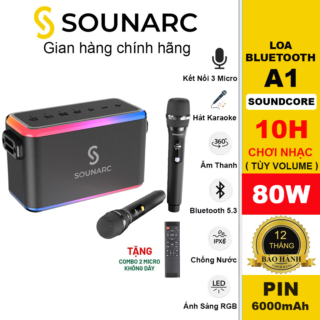 Loa Karaoke Bluetooth SOUNARC A1 + 2 Micro Không Dây, Công suất 80W, Loa di động Chống Nước IPX6 - Hàng chính hãng