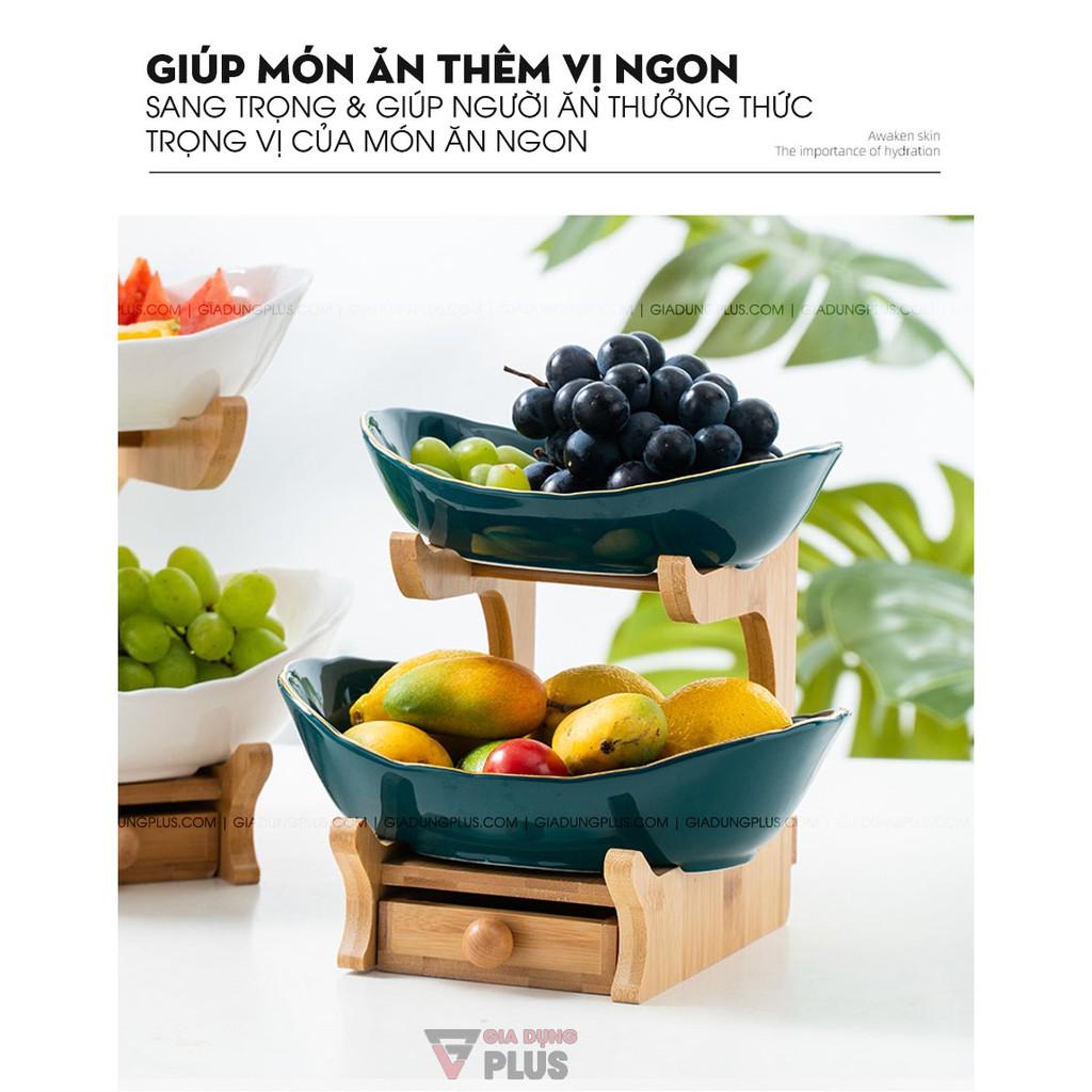 Đĩa Trái Cây Gốm Sứ Nhiều Tầng Kèm Kệ Gỗ Sang Trọng | Màu Xanh Ngọc Lục Bảo & Màu Trắng | Phong Cách Bắc Âu