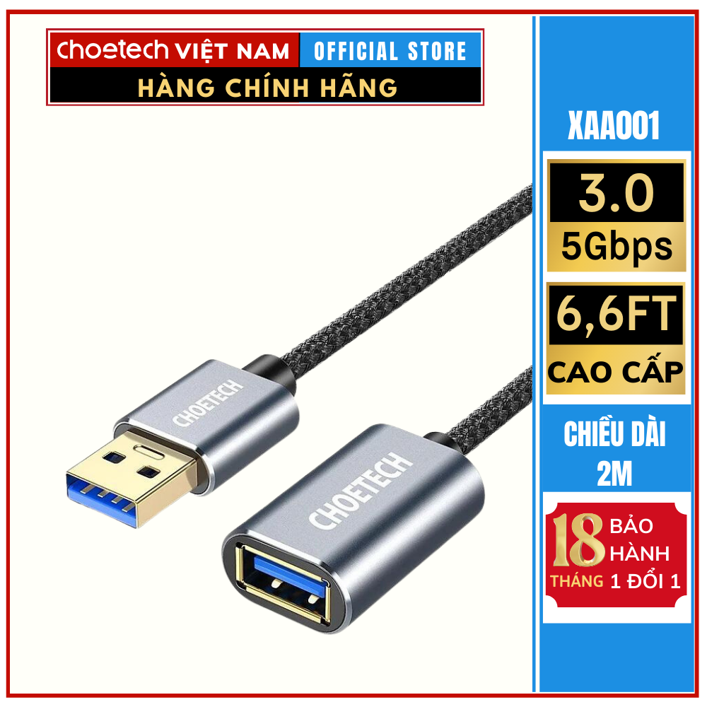 Cáp nối dài USB (dương) sang USB (âm) Choetech XAA001 (Hàng chính hãng)
