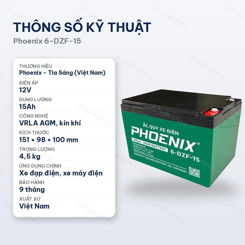 Ắc Quy Phoenix 6-DZF-15 (12V 15Ah) Cho Xe Đạp Điện, Xe Máy Điện