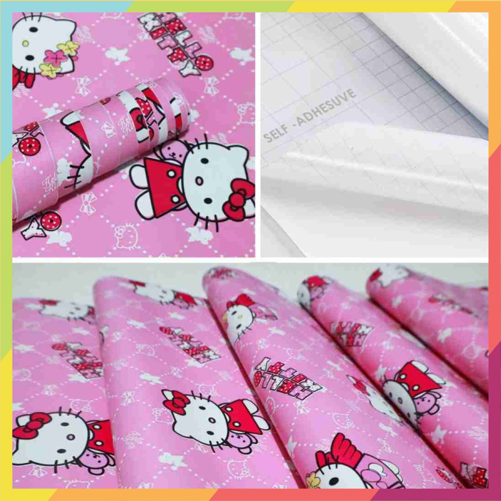Decal dán tường có sẵn keo in hình hellkitty hồng, kích thước 0.45m x 10m / cuộn