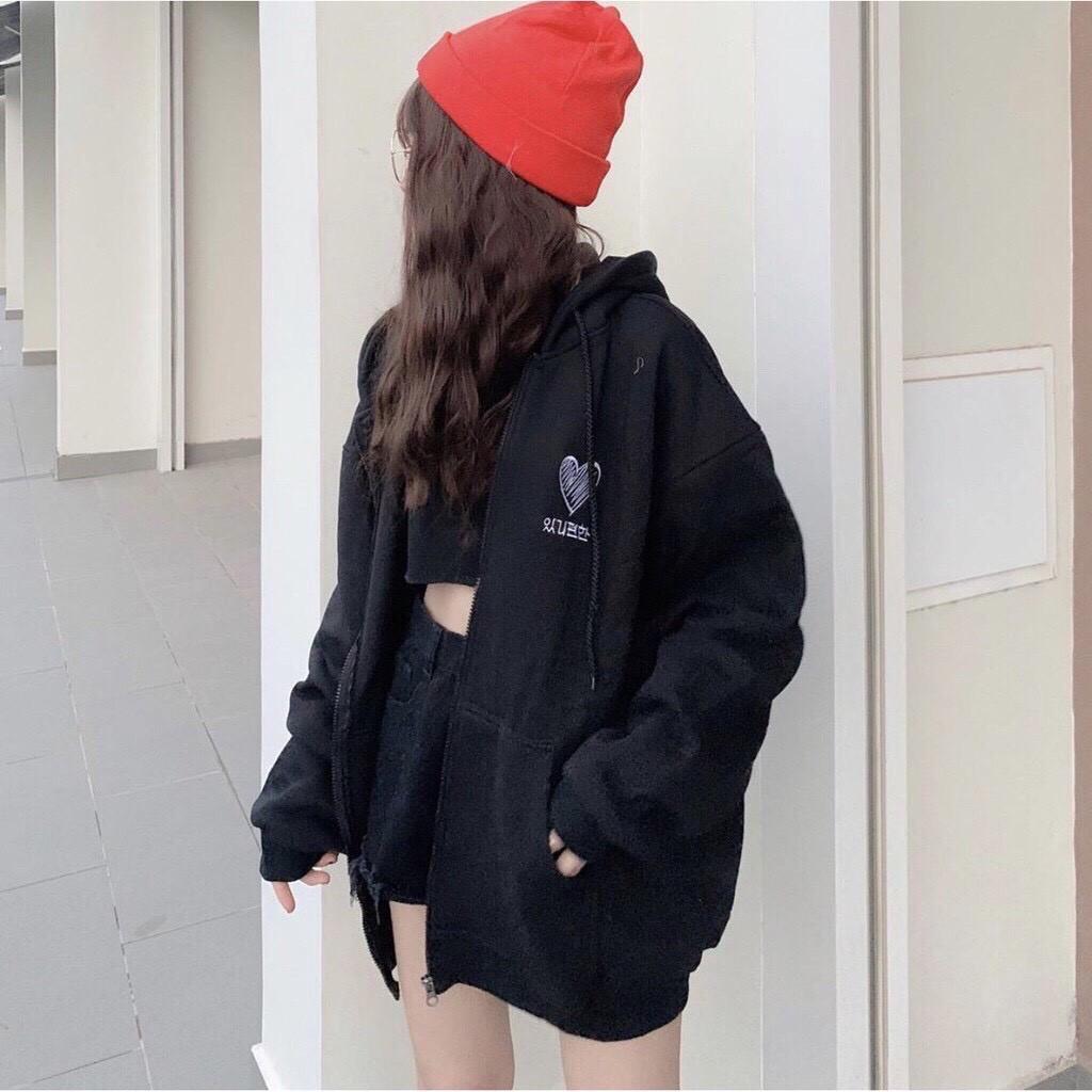 Hình ảnh áo khoác nỉ nữ form rộng, áo hoodie in trái tim 0100