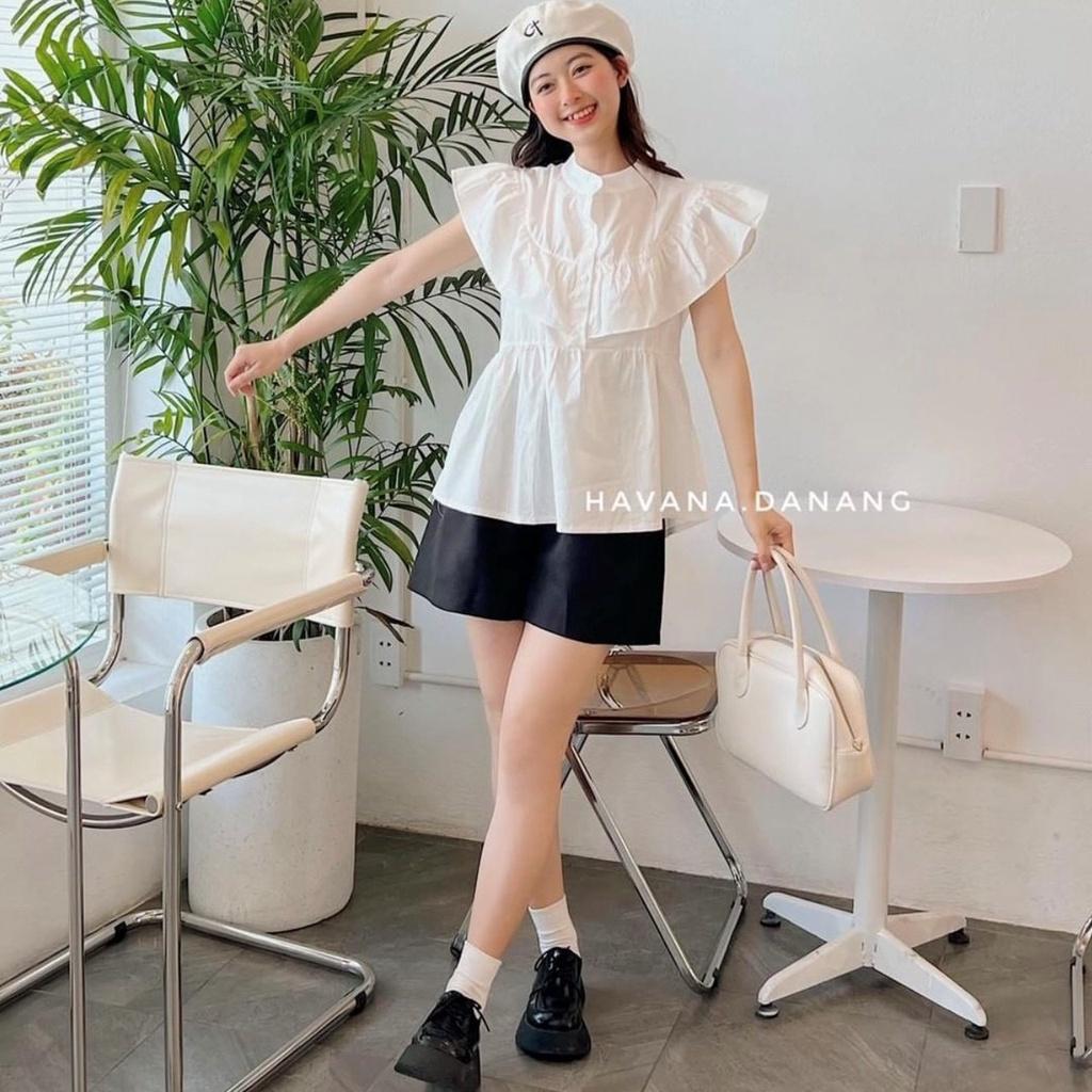 Áo sơ mi cổ bèo tiểu thư ngắn tay, form babydoll ulzzang, phong cách Hàn Quốc, chất đũi QC mềm mát, QUYNHANHPUKA