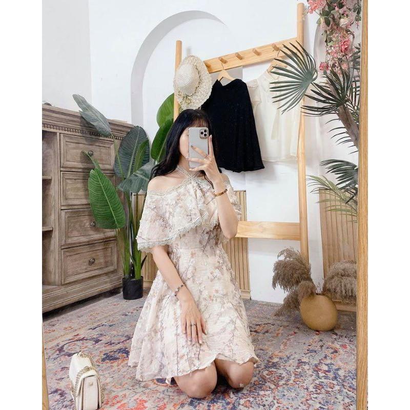 Đầm nữ trễ vai bèo lai ren hoa cánh tiên dáng xòe chữ A bigsize dự tiệc lady xanh giá rẻ đẹp