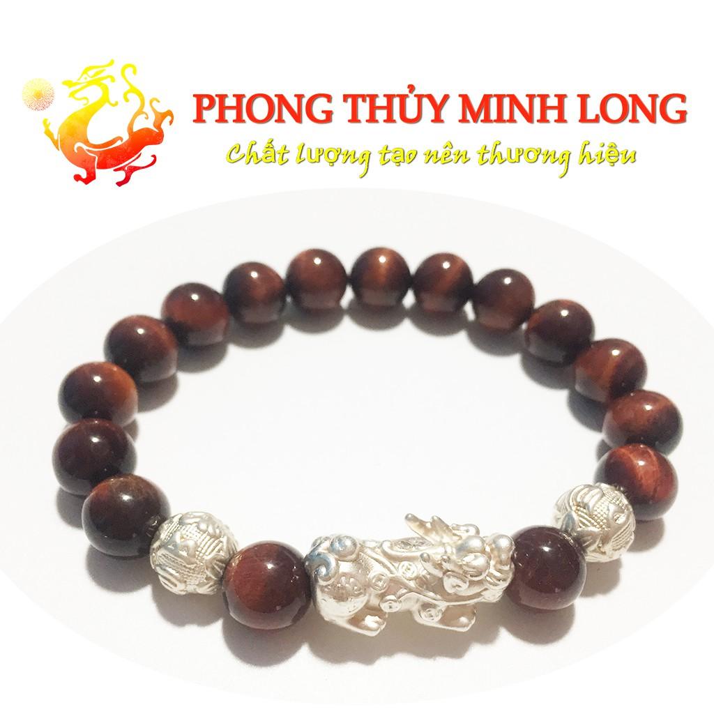 Vòng tay đá mắt hổ Đỏ Nâu chất lượng 5A mix Tỳ Hưu và 2 hạt kim tiền Bạc hợp mệnh Hỏa và Thổ
