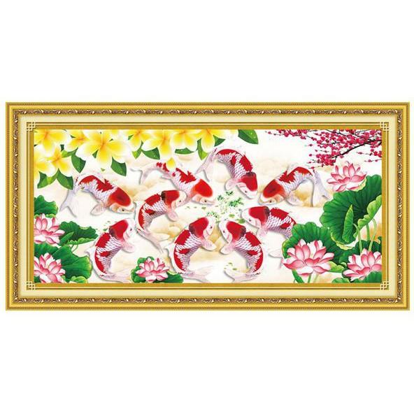 Tranh thêu chữ thập Cửu ngư quần hội chưa thêu