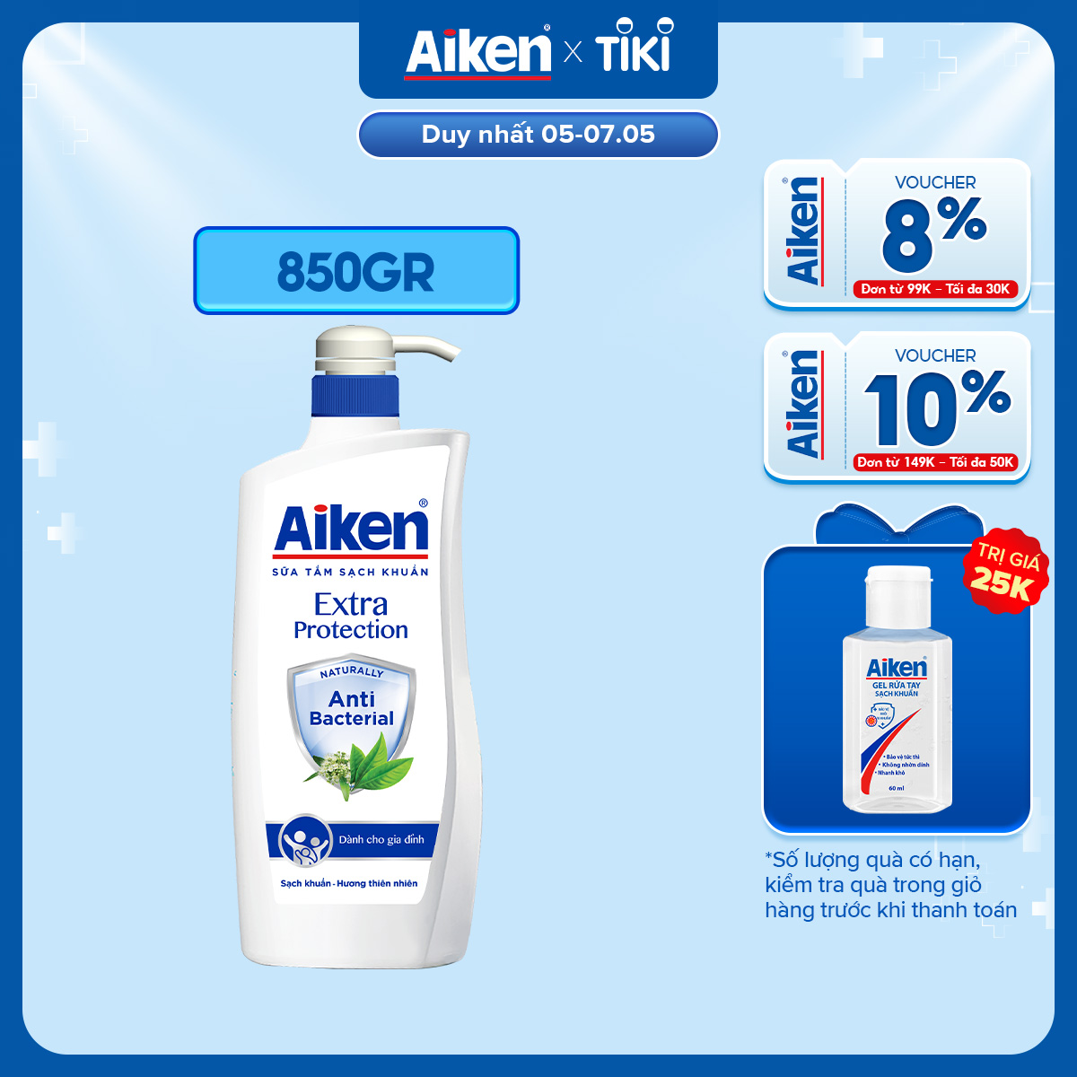 Sữa tắm Aiken Sạch khuẩn Chiết Xuất Trà Xanh Thiên Nhiên 850g