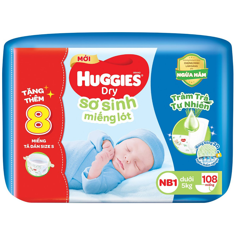 Miếng lót sơ sinh NB1 HUGGIES DRY 108 miếng + 8 miếng