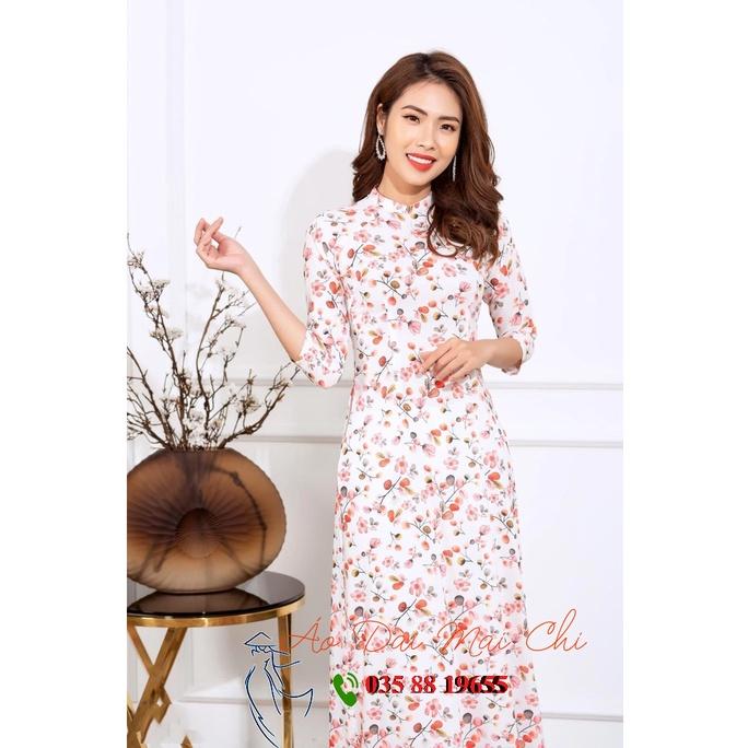 Bộ áo dài truyền thống may sẵn họa tiết bóng hồng