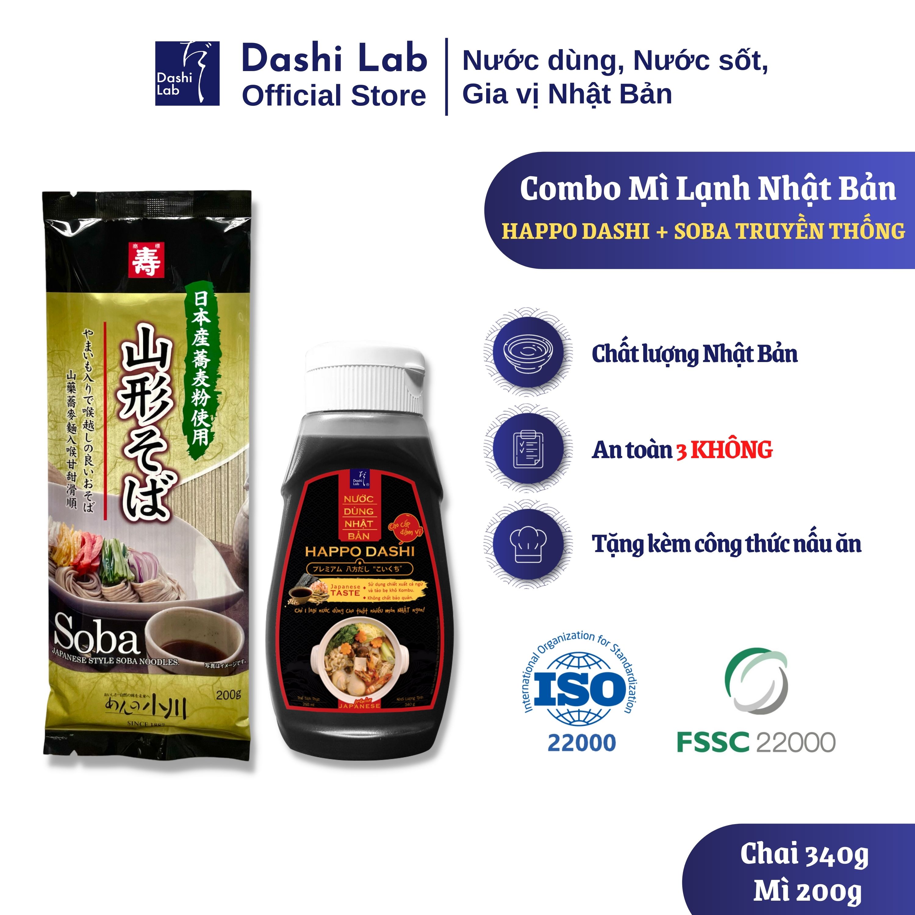 Combo Mì Lạnh Nhật Bản 1 Chai Nước Dùng HAPPO DASHI 340g Và 1 Gói Mì Soba OGAWA SEIMEN 200g DASHI LAB Chuẩn Bản Xứ