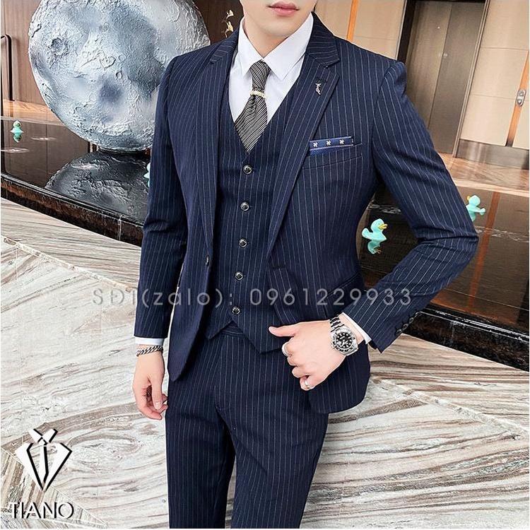 Vest nam cao cấp Hàn Quốc Xanh Than Kẻ cực sang trọng, Suit Nam Cao Cấp - TIANO STORE