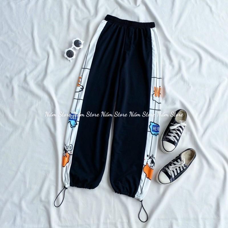 Quần Jogger Dài Ống Rộng In Hình HEROES Dây Rút Ở Gấu - Kiểu quần viền Line Ống Suông cạp cao phong cách hàn quốc