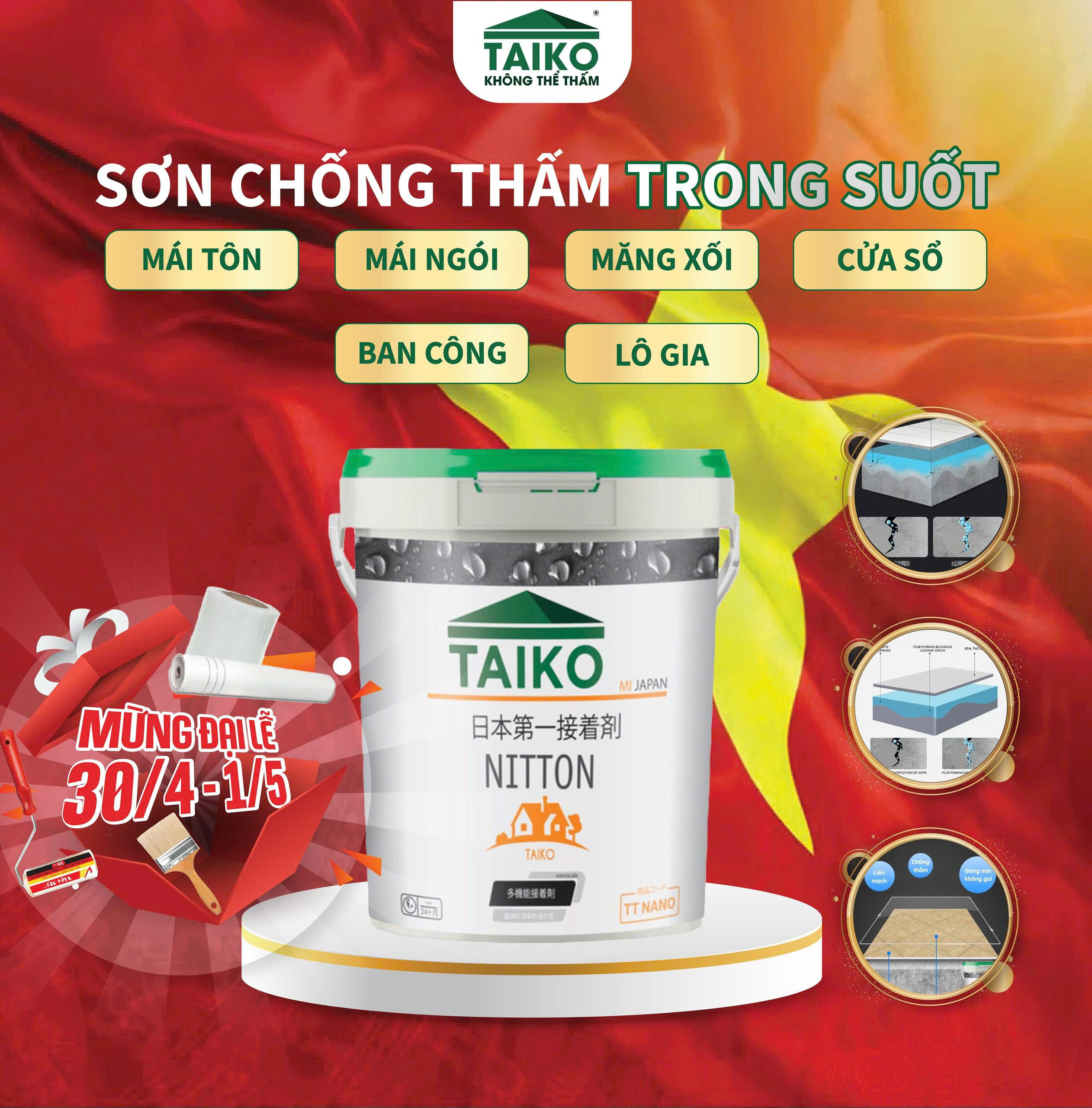 Sơn Chống Thấm TAIKO NITTON – Chống thấm vết nứt mái nhà, sàn nhà vệ sinh, máng xối, tôn, triệt để Hiệu quả hơn khi pha với xi măng – Trắng – 1 Lít