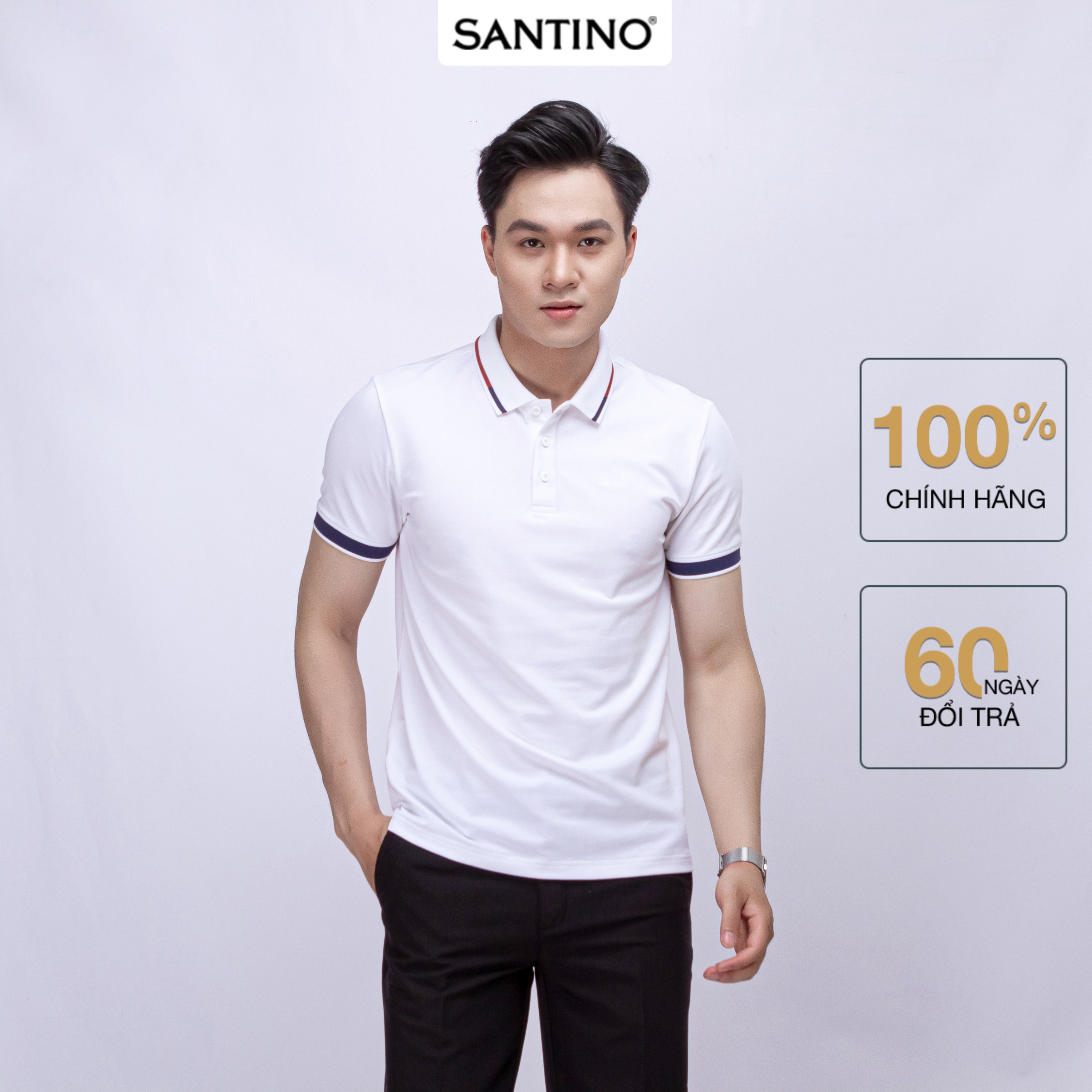 Áo Polo nam SANTINO, bo kẻ lịch lãm, Cotton Cá Sấu, kháng khuẩn chống nhăn - E010