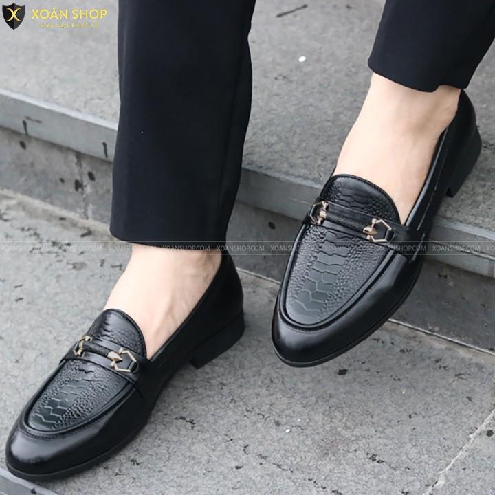 GIÀY LƯỜI NAM CÔNG SỞ - DA PU DẬP VÂN ĐÀ ĐIỂU- ĐẾ KHÂU - ĐẾ CAO 3CM-MÃ G004-1 MÀU ĐEN.