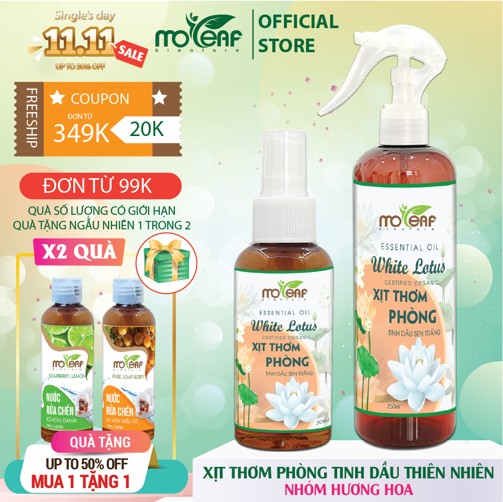 Xịt Thơm Phòng Moleaf Tinh Dầu Hoa Sen Trắng - White Lotus Lọc Không Khí Thơm Mát Thư Giãn Ngủ Ngon Hỗ Trợ Giải Cảm Đuổi Muỗi Đuổi Con Trùng 250ml