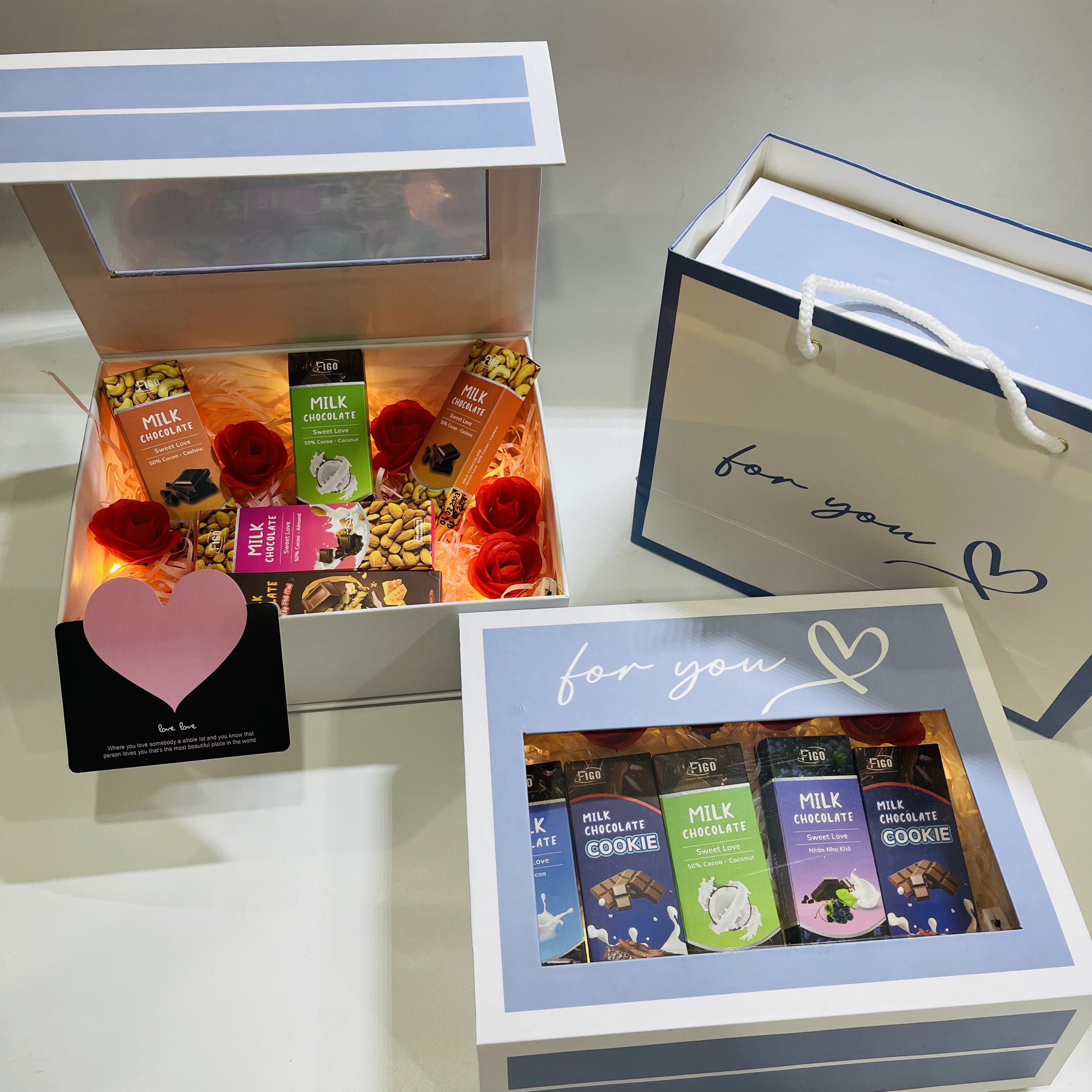Combo hộp quà cửa sổ For You sang trọng tặng người yêu, ngày lễ Valentine, kèm túi giấy, phụ kiện xinh xắn
