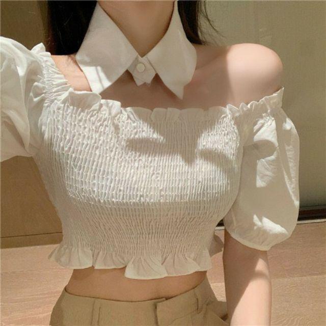 Áo bẹt vai nhún kèm choker sơ mi