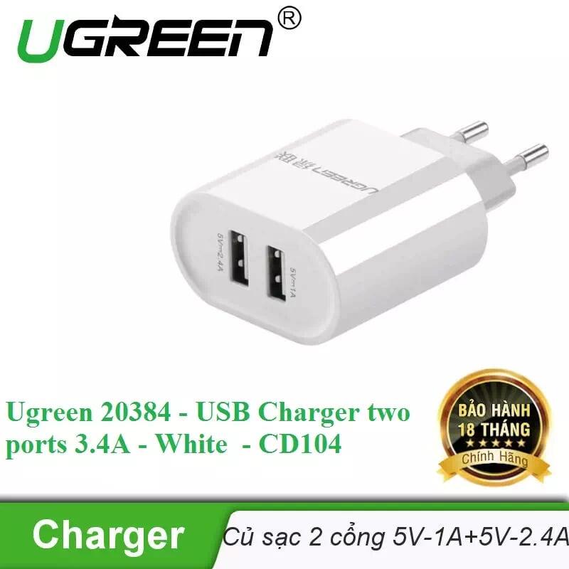 Ugreen UG20384CD104TK 3.4A màu Trắng Củ sạc nhanh 2 cổng USB - HÀNG CHÍNH HÃNG