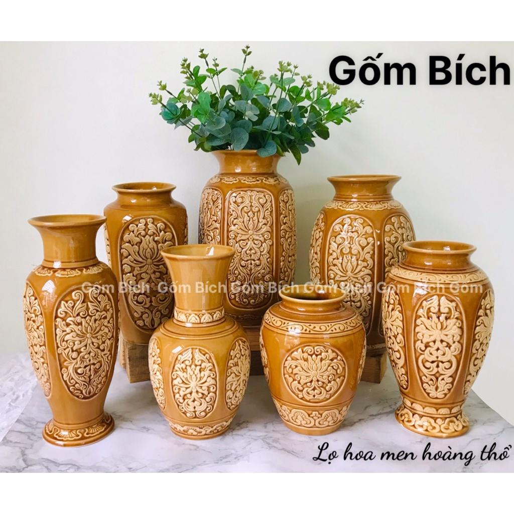 Bình Hoa Lọ Hoa Sứ Men Hoàng Thổ Nhiều Mẫu Khắc Sen Nổi Gốm Sứ Bát Tràng - Gốm Bích