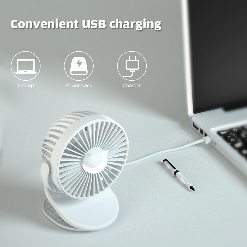 Quạt để bàn có đế kẹp mini xoay 360 độ có đèn ban đêm 3 chế độ chỉnh sạc bằng USB